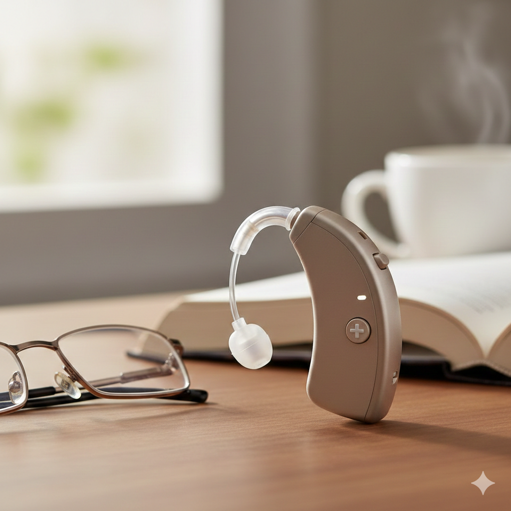 Appareil auditif discret RIC posé sur une table, avec une montre connectée