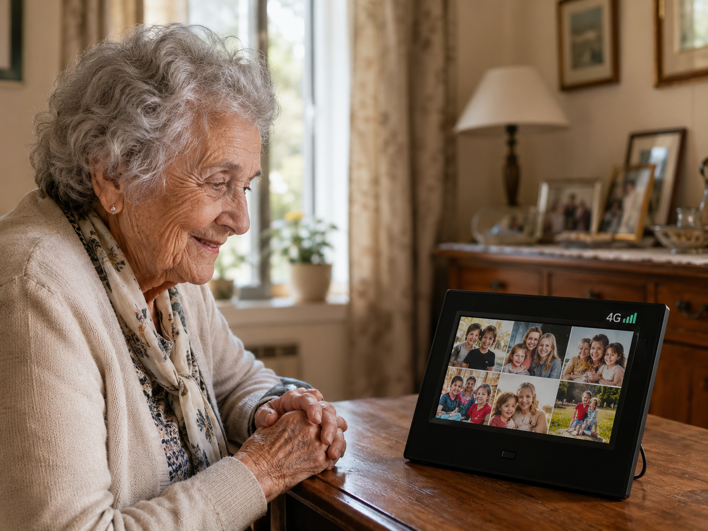 Senior souriante regardant un cadre photo numérique 4G affichant des photos de famille dans son salon