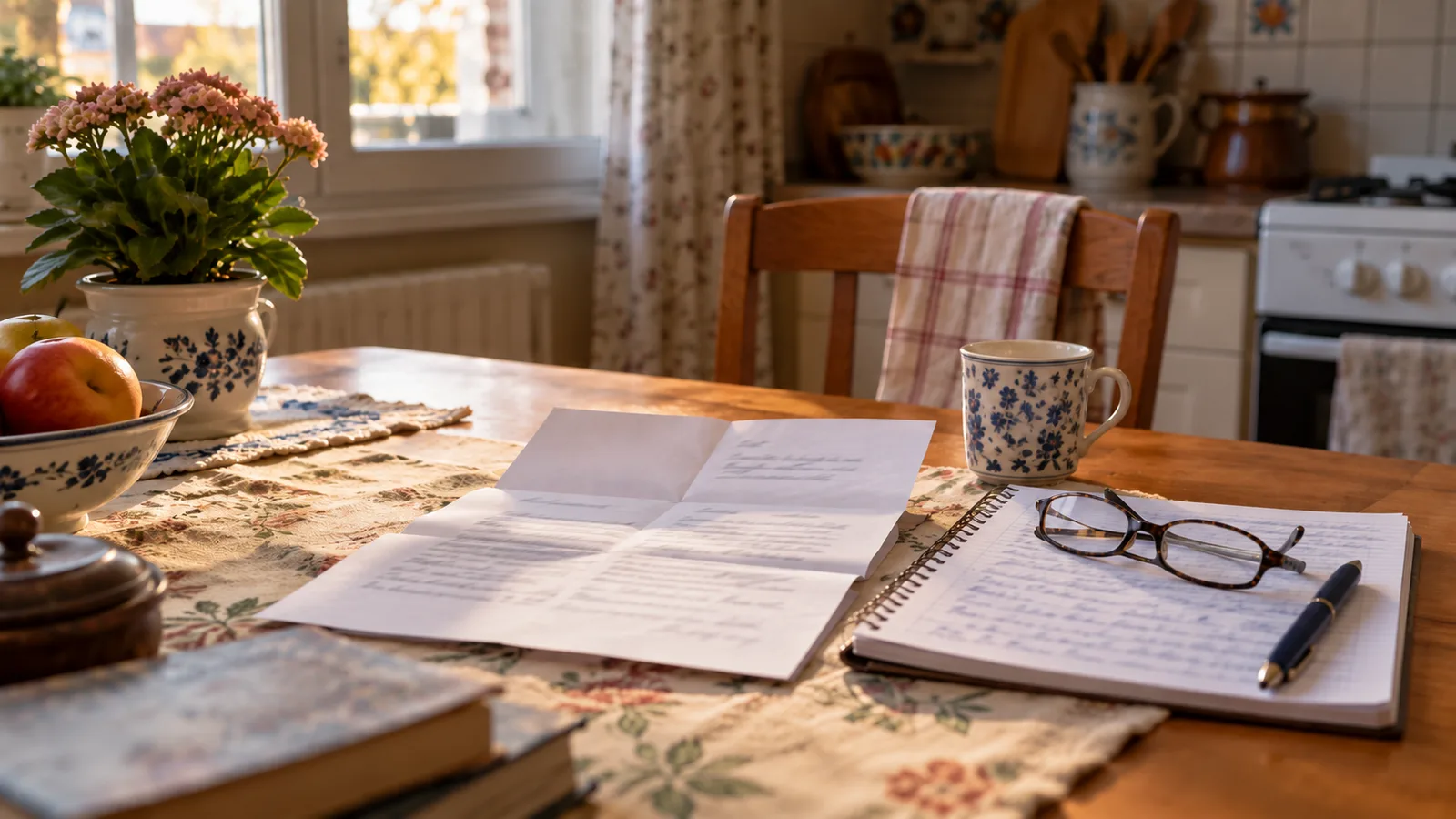 Table de cuisine d'un logement ordinaire avec un courrier administratif ouvert, un carnet annoté à la main et une paire de lunettes posée dessus, lumière douce de fin d'après-midi
