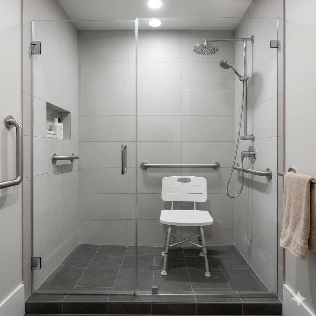 Douche senior sécurisée de plain-pied avec siège rabattable et barres de maintien