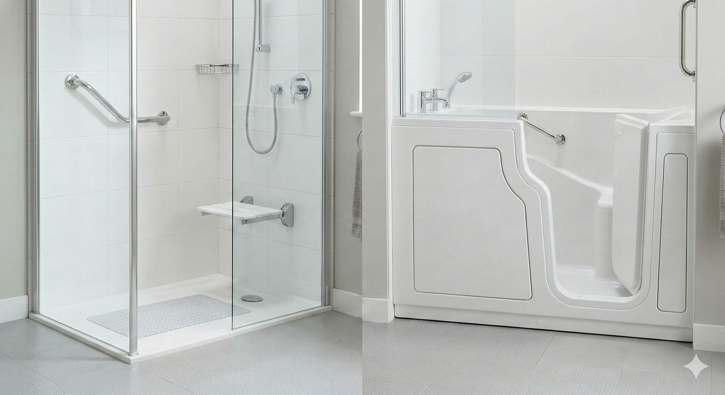 Comparatif entre une douche de plain-pied sécurisée et une baignoire à porte pour senior