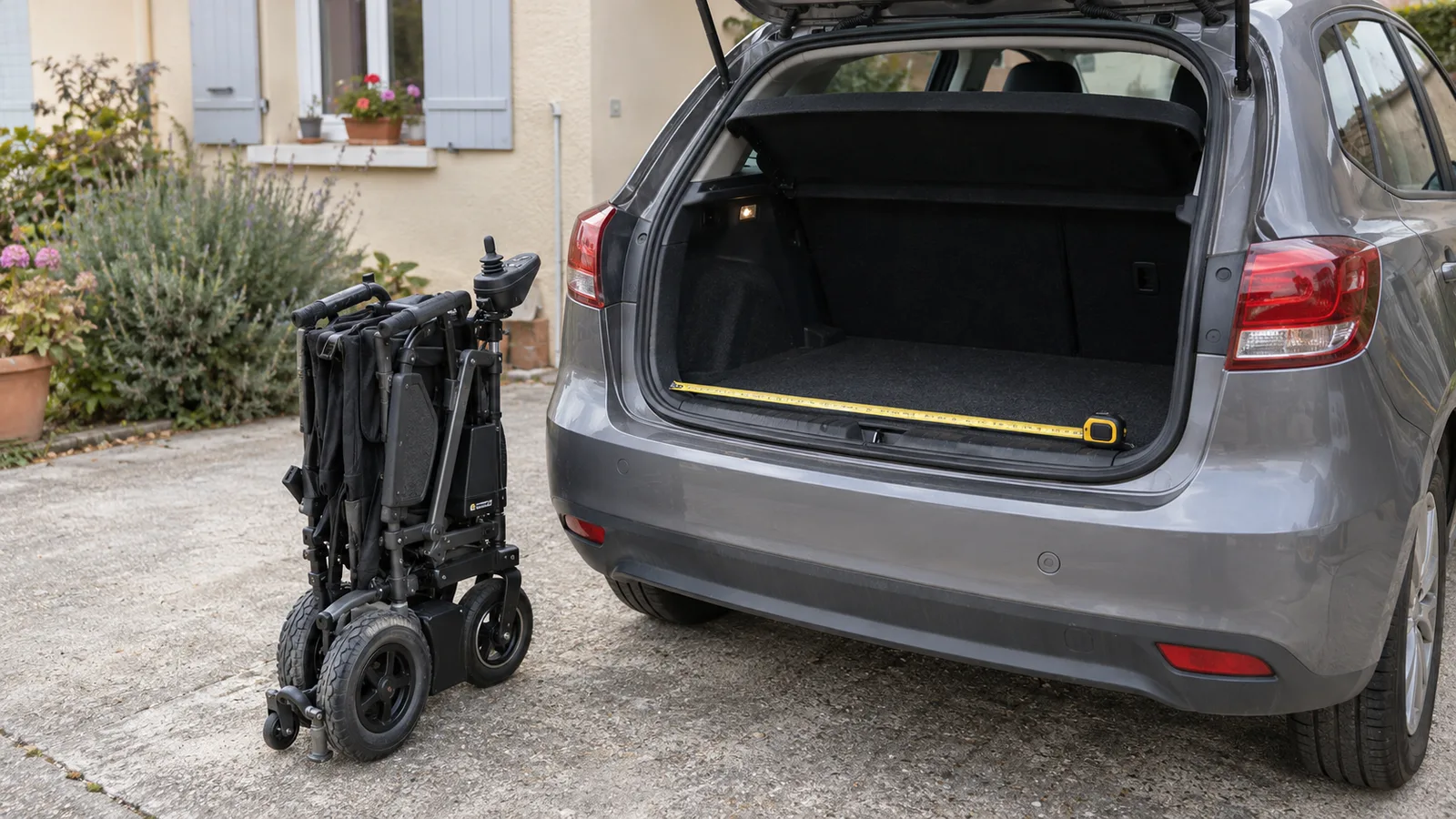 Fauteuil roulant électrique pliable posé plié à côté du coffre ouvert d'une voiture ordinaire, dans l'allée d'une maison de retraité, avec un mètre ruban déroulé sur le seuil du coffre