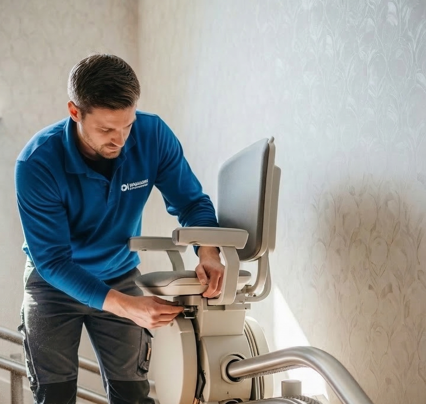Technicien en cours d'installation d'un monte-escalier droit sur un escalier en bois