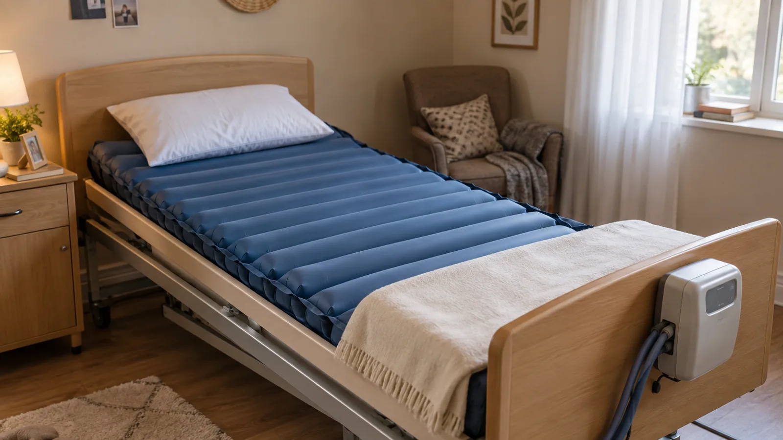 Surmatelas à air à pression alternée posé sur un lit médicalisé en bois clair, dans une chambre ordinaire, avec son compresseur accroché au pied de lit