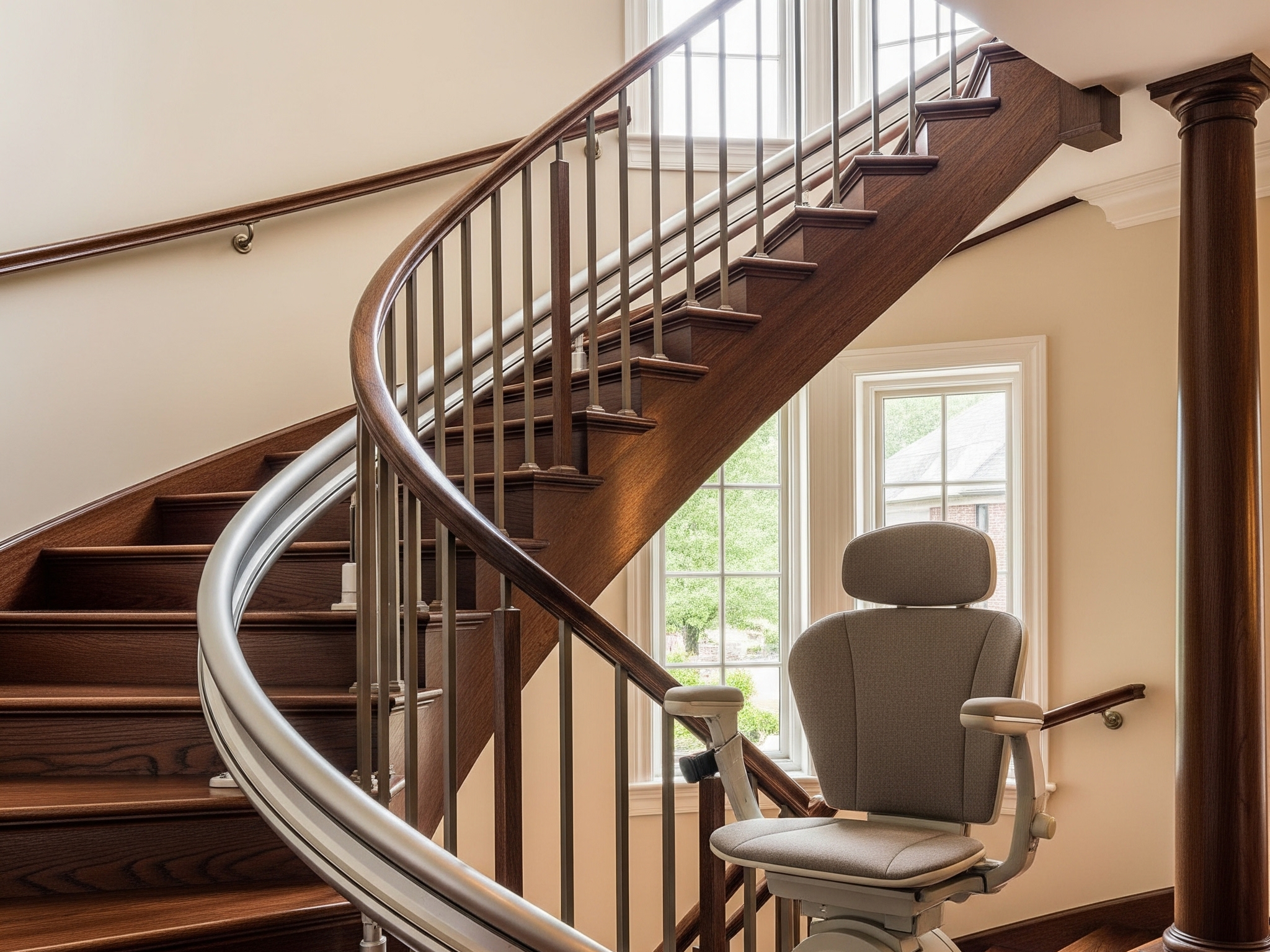 Rail courbe sur mesure d'un monte-escalier installé sur un escalier tournant à 90 degrés