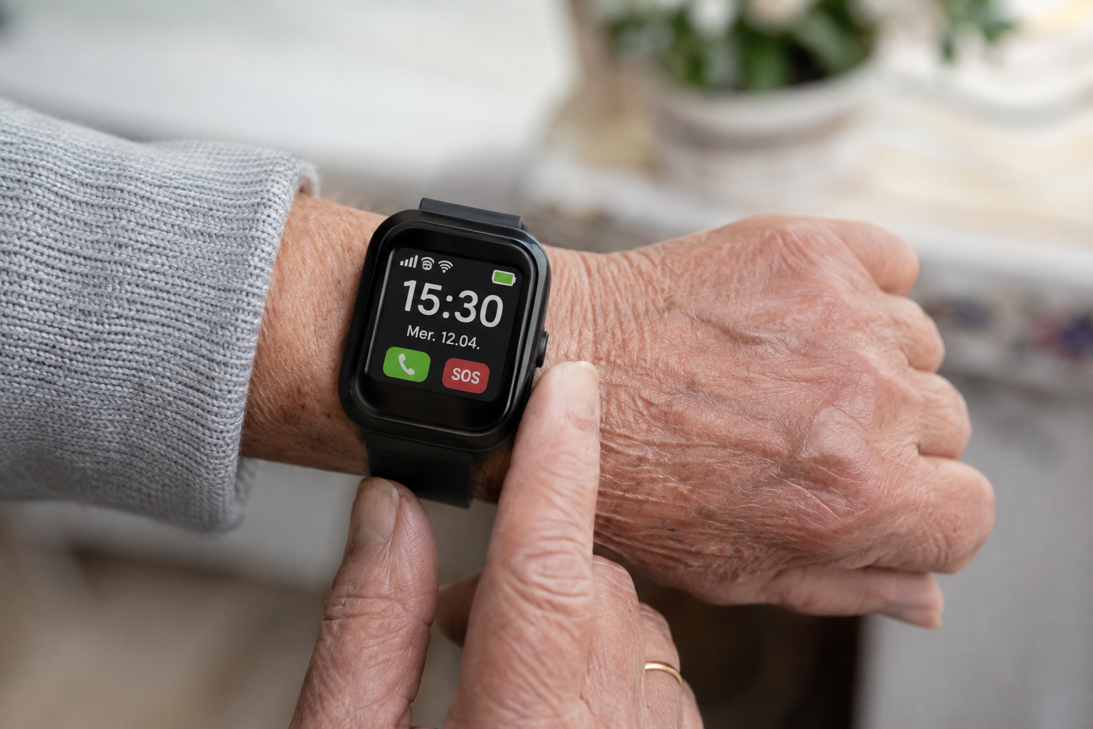 Montre GPS senior sans abonnement au poignet d'une personne âgée et smartphone de la famille affichant sa position en temps réel sur une carte
