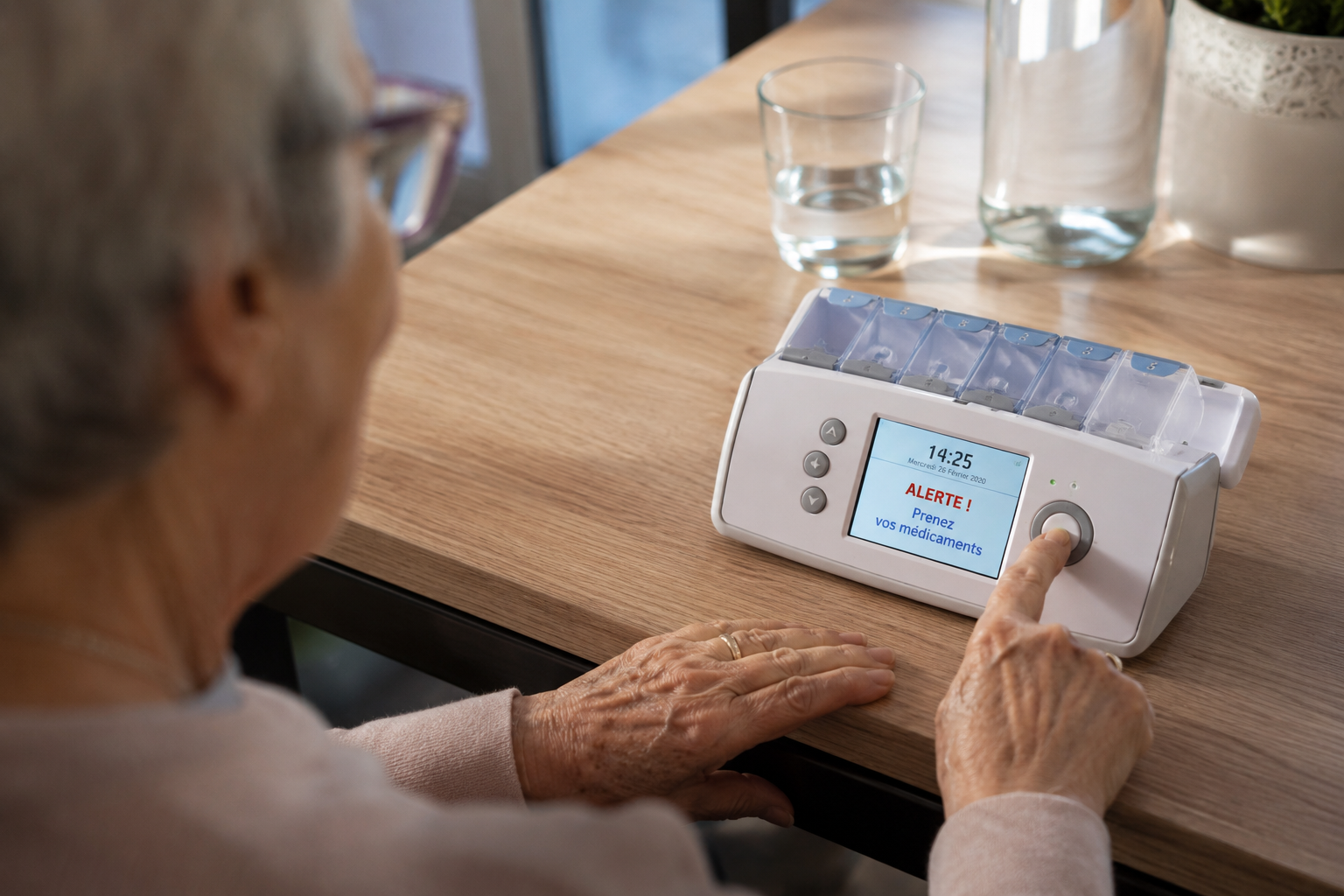 Pilulier électronique automatique avec alarme sonore sur une table de nuit de senior