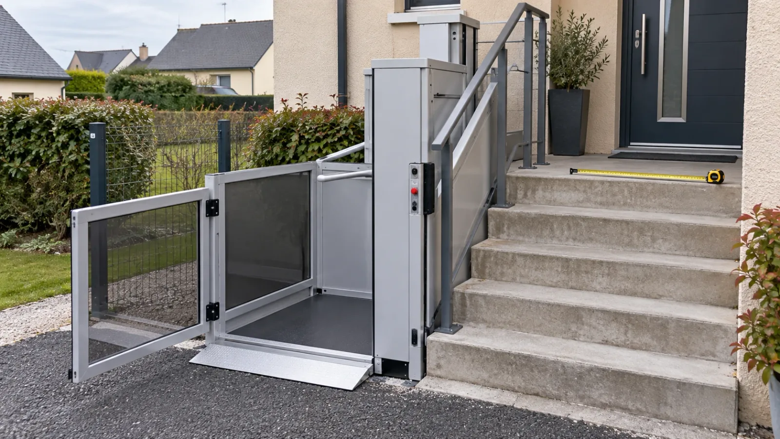 Plateforme élévatrice pour personne à mobilité réduite installée le long des marches du perron d'un pavillon ordinaire, portillon ouvert au niveau de l'allée, mètre ruban posé sur la marche du haut
