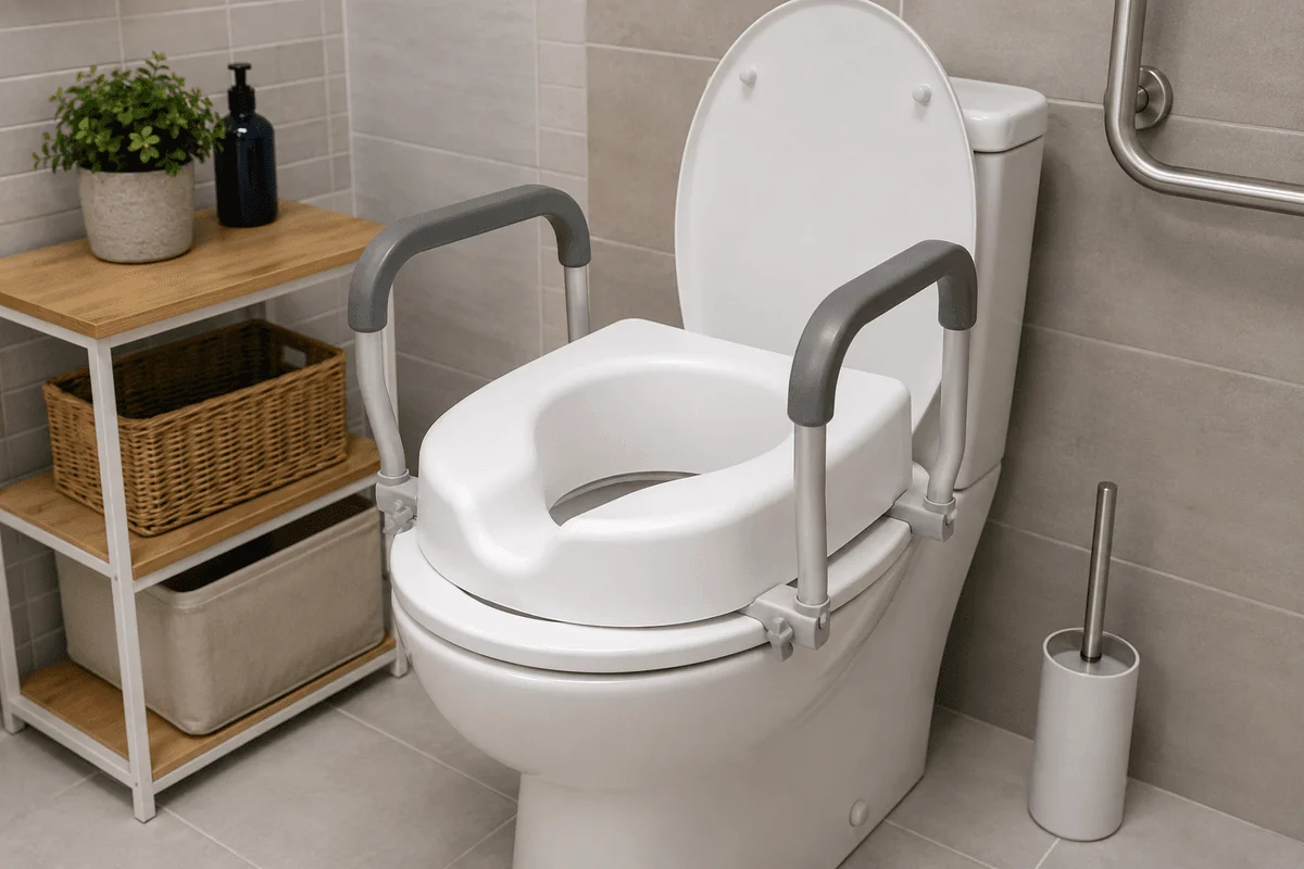 Réhausseur WC pour senior avec accoudoirs amovibles installé sur cuvette - 4 modèles comparés par un ergothérapeute DE