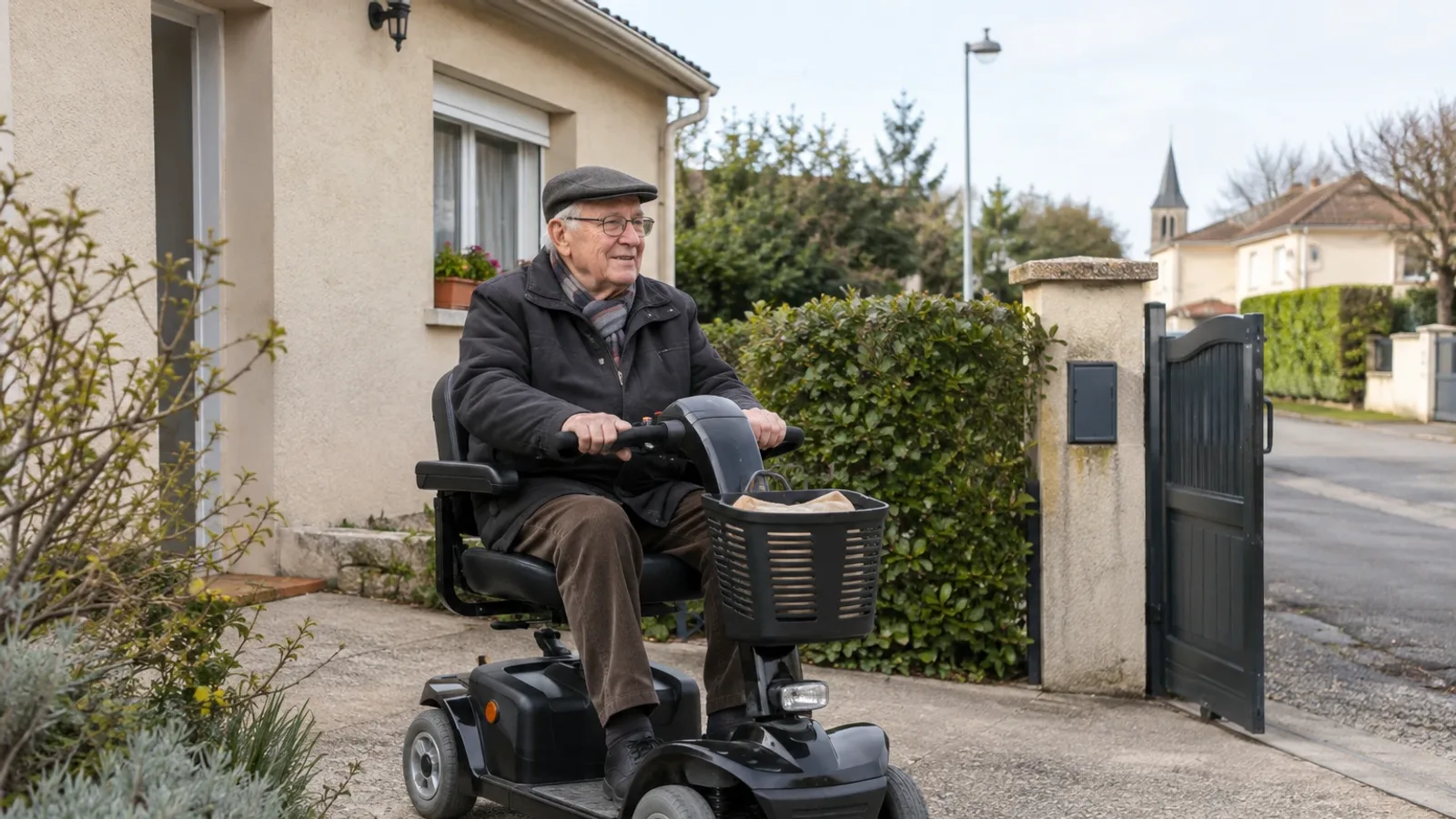 Homme âgé coiffé d'une casquette conduisant un scooter électrique quatre roues dans l'allée de sa maison, un cabas de courses dans le panier avant, le portail ouvert sur la rue