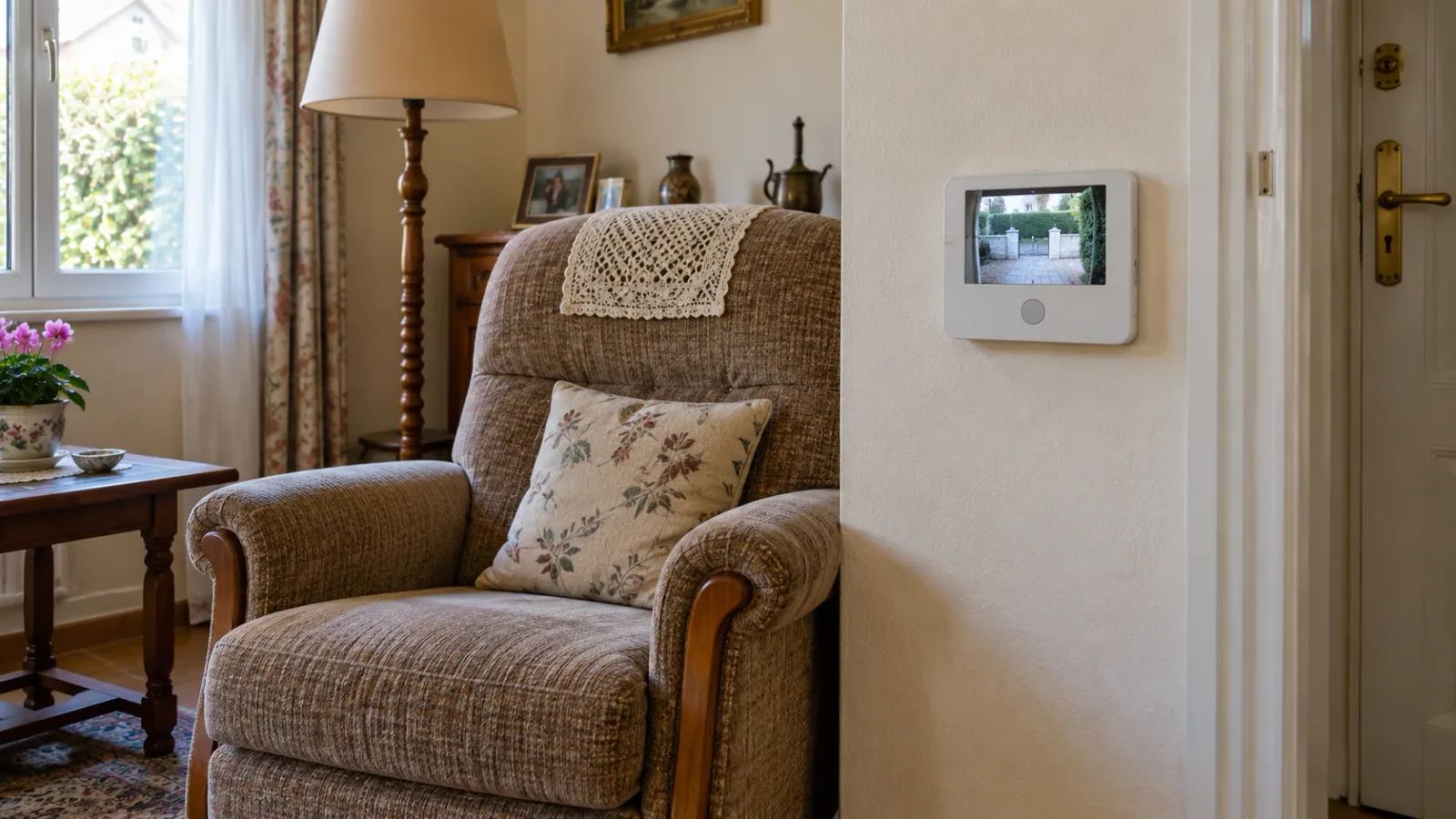 Écran de visiophone fixé au mur d’un séjour ordinaire de retraité, à hauteur de main près d’un fauteuil, montrant l’image en couleur d’un pas de porte vide, avec un gros bouton de réponse en relief sous l’écran