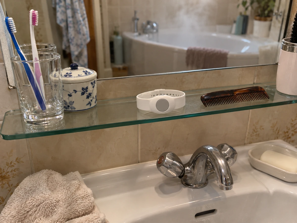 Le bracelet d'alarme reste sur la tablette pendant la toilette : photo
