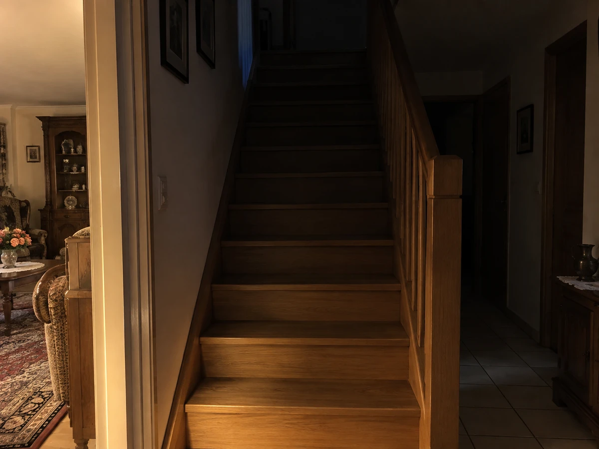 Le haut de l'escalier plongé dans l'ombre : photo