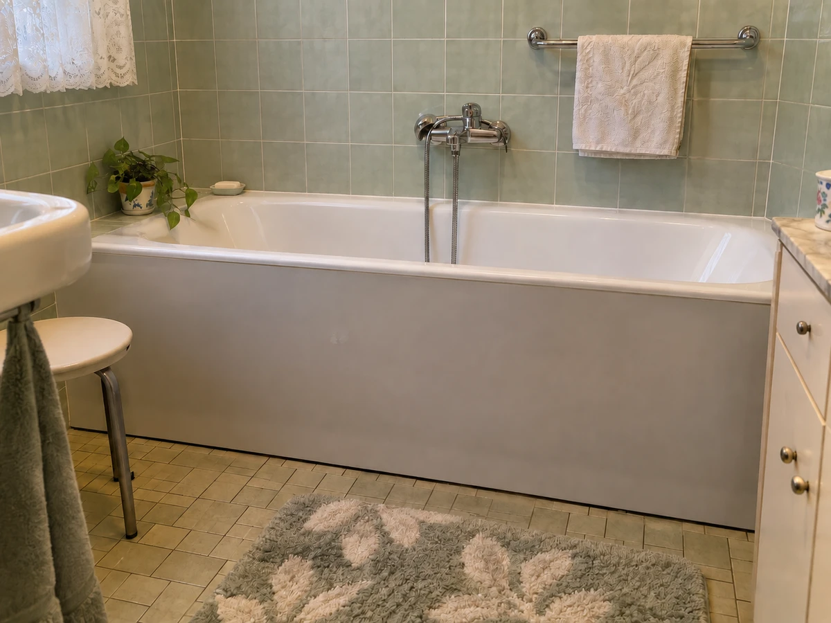 Enjamber la baignoire en se tenant au robinet : photo